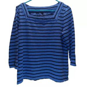 Talbots Striped‎ Top Size Large Purple Black Square Neck 3/4 Sleeves
